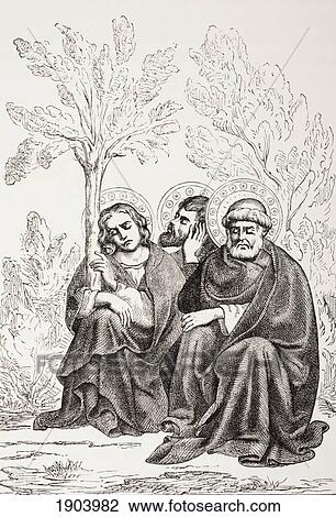 Stock Image - The Apostles In The Garden Of Gethsemane. After A 14Th Century Fresco Attributed To Barna De Siena. From Les Artes Au Moyen Age, Published Paris 1873.. Fotosearch