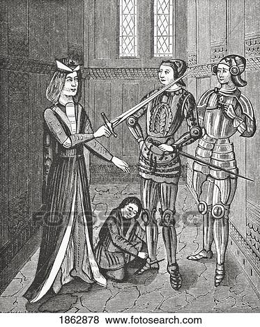 Stock Photo - The Arming Of A Knight After The Ceremonial Instituted By King Arthur. Facsimile Of A Miniature From A 15Th Century Manuscript. From Science And Literature In The Middle Ages By Paul Lacroix Published London 1878. Fotosearch