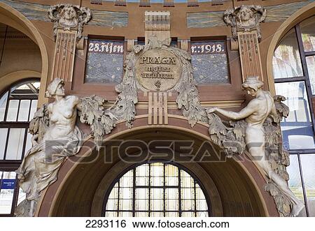 Stock Photograph - The Art Nouveau interior of Prague train station (Hlavni Nadrazi) Czech Republic, Europe. Fotosearch