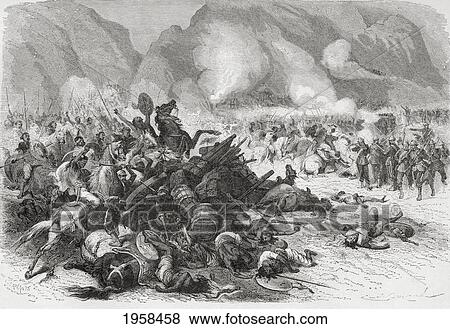 Stock Photo - The Battle On Mount Fahla, Abyssinia Between British Troops Under The Command Of Sir Richard Napier And Tewodros Ii In 1868. From El Mundo En La Mano Published 1875.. Fotosearch
