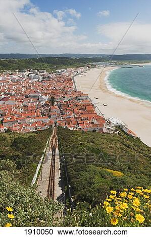 The Beach Along The Bay And Funicular; Nazare, Portugal View Large Photo Image Stock Image - The Beach Along The Bay And Funicular; Nazare, Portugal. Fotosearch