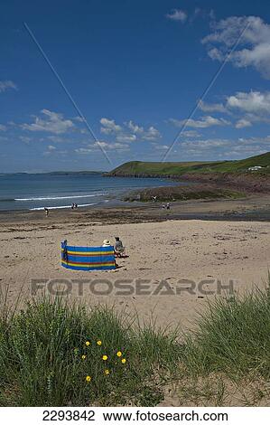 Stock Image - The beach at Manorbier. Once described as 'the pleasantest place in Wales'. Pembrokeshire. Wales. Cymru. UK. United Kingdom.. Fotosearch