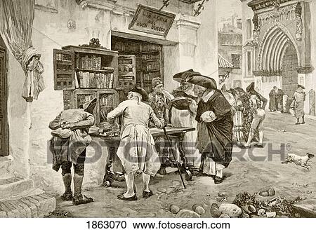Stock Image - The Bibliophiles. A Bookshop In Seville At The Beginning Of The 19Th Century. After A Painting By Jimenez Aranda. From La Ilustracion EspaÃƒâ€šÃ‚Â±ola Y Americana Of 1881. Fotosearch