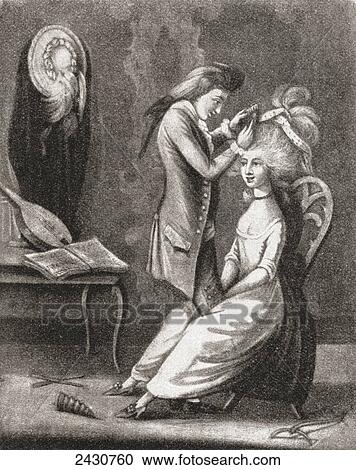 Stock Image - The Boarding-School Hair-Dresser, 1786. From Illustrierte Sittengeschichte vom Mittelalter bis zur Gegenwart by Eduard Fuchs, published 1909.. Fotosearch