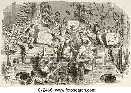 Stock Photograph - The Boston Tea Party, December 16, 1773. Colonists Disguised As Mohawk Indians Destroy Chests Of Tea On Ships In Boston Harbour. From A 19Th Century Illustration.. Fotosearch