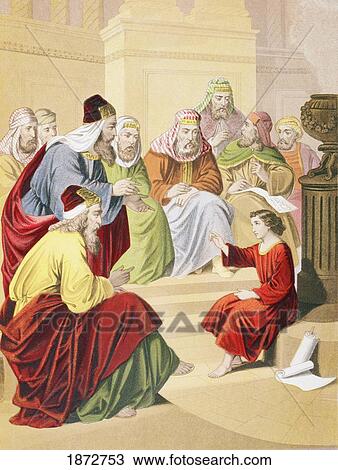 Stock Image - The Boy Jesus Debating With Priests And Teachers In The Temple. From The Holy Bible Published By William Collins, Sons, & Company In 1869. Chromolithograph By J. M. Kronheim & Co.. Fotosearch