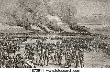 Stock Image - The Burning Of The Zulu Royal Kraal At Ulundi After The Battle Of Ulundi, Kwa-Zulu-Natal Province, South Africa. From Afrika, Dets Opdagelse, Erobring Og Kolonisation, Published In Copenhagen, 1901.. Fotosearch