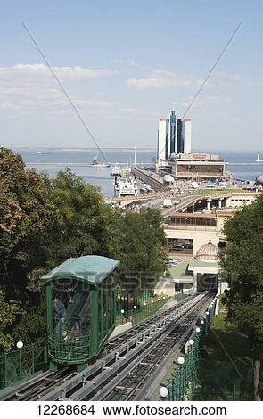 Picture - The cable car that runs adjacent to the Potemkin Steps, down to the ferry terminus and Hotel Odessa on the waterfront; Odessa, Ukraine. Fotosearch