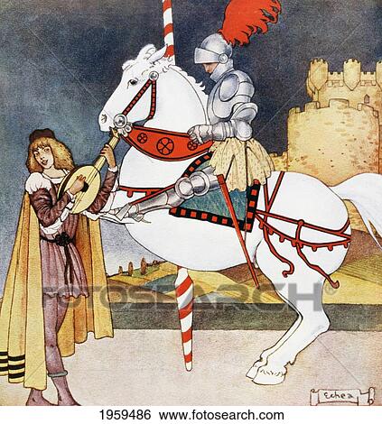 Stock Photograph - The Call To War. Knight In Armour On Horseback And Minstrel Playing A Lute. After A Work By Echea In La Esfera, 1914.. Fotosearch