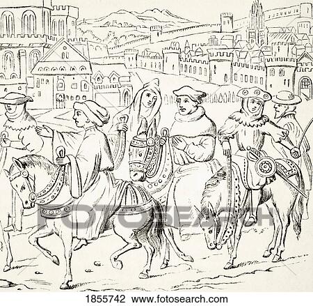 Stock Image - The Canterbury Pilgrims Leave Canterbury. Scene From The Canterbury Tales By Geoffrey Chaucer. From The National And Domestic History Of England By William Aubrey Published London Circa 1890. Fotosearch