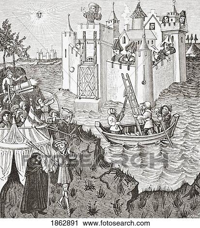 Stock Image - The Castle Of Loves After A Miniature Taken From The 15Th Century Manuscript Champion Des Dames. From Science And Literature In The Middle Ages By Paul Lacroix Published London 1878. Fotosearch