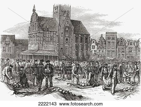 Stock Image - The Cheese Market At Hoorn, The Netherlands In The 19Th Century. From Pictures From Holland By Richard Lovett, Published 1887.. Fotosearch