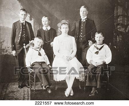 Stock Photo - The Children Of King George V. From Left To Right, Prince Albert, Prince John, Prince Henry, Princess Mary, Prince Edward Of Wales, Prince George. From The Year 1910 Illlustrated.. Fotosearch
