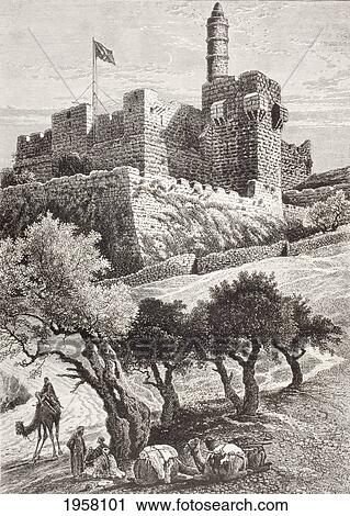 Stock Image - The Citadel Of Jerusalem Seen From The Valley Of Hinnom In The Late 19Th Century. From El Mundo Ilustrado, Published Barcelona, Circa 1880.. Fotosearch