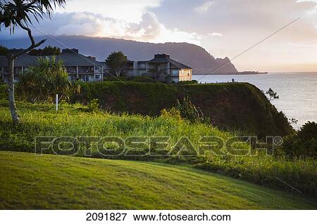 Stock Photo - The Coastal Makai Golf Course At Sunset; Princeville, Kauai, Hawaii. Fotosearch
