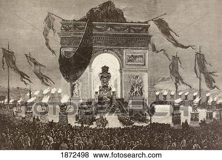 The Coffin Of French Writer Victor Hugo Is Displayed Beneath The Arc De Triomphe, Paris, France, During His Funeral Rites On The Night Of May 31, 1885. From A 19Th Century Illustration. View Large Photo Image Stock Photo - The Coffin Of French Writer Victor Hugo Is Displayed Beneath The Arc De Triomphe, Paris, France, During His Funeral Rites On The Night Of May 31, 1885. From A 19Th Century Illustration.. Fotosearch