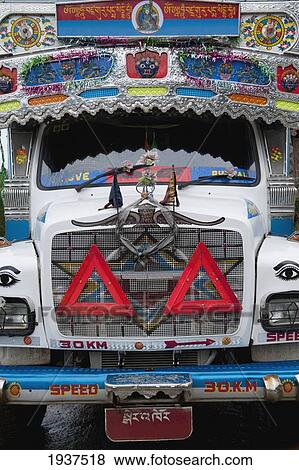 Stock Photo - The Colorful And Decorated Front Of A Truck; Phobjikha Valley Bhutan. Fotosearch