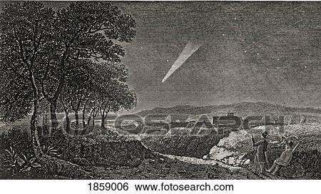 Stock Photograph - The Comet Of 1811. As Seen At Daybreak The 15Th October From Otterbourne Hill, Near Winchester. Engraved By H. R. Cook After Pether. From The Book The Gallery Of Nature And Art Volume Ii. Published London C. 1823.. Fotosearch