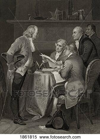 Stock Photography - The Committee Of Five Drafting Declaration Of Independence From Left Franklin Jefferson Adams Livingston Sherman After Alonzo Chappel From Life And Times Of Washington Volume 1 Published 1857. Fotosearch