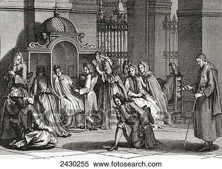 Stock Photography - The Confession, after a Dutch engraving of 1724 by Bernard Picart. From Illustrierte Sittengeschichte vom Mittelalter bis zur Gegenwart by Eduard Fuchs, published 1909.. Fotosearch