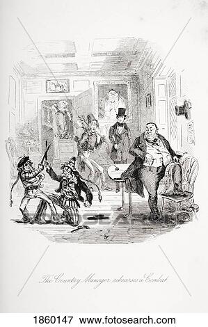 Stock Photo - The Country Manager Rehearses A Combat. Illustration From The Charles Dickens Novel Nicholas Nickleby By H. K. Browne Known As Phiz. Fotosearch