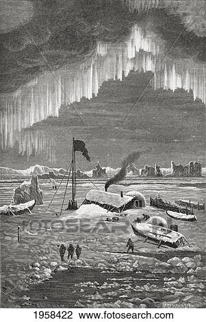 Stock Image - The Crew Of The Hansa Surviving The Winter In A Shelter Built Of Coal Dust Briquettes Floating On Sea Ice, During The Second German North Polar Expedition Of 1869, With The Aurora Borealis Overhead. From El Mundo En La Mano Published 1875.. Fotosearch