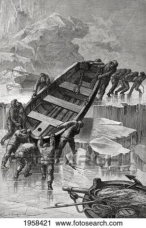 Stock Image - The Crew Of The Hansa Transporting The Boats To Open Water And Escaping From The Pack Ice During The Second German North Polar Expedition Of 1869. From El Mundo En La Mano Published 1875.. Fotosearch