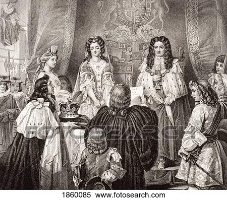 Stock Photography - The Crown Offered To William And Mary By The Lords And Commons At Whitehall, February 12, 1689. Engraved By H. Bourne After E. M. Ward. From The Book ÃƒÂ¢Ã¢â€šÂ¬Ã…â€œIllustrations Of English And Scottish HistoryÃƒÂ¢Ã¢â€šÂ¬Ã‚Â Volume Ii. Fotosearch