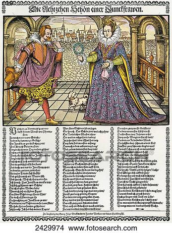 Picture - The Eighteen Virtues of a Young Maiden. After a 16th century woodcut on a poetical fly sheet by Hans Sachs. From Illustrierte Sittengeschichte vom Mittelalter bis zur Gegenwart by Eduard Fuchs, published 1909.. Fotosearch