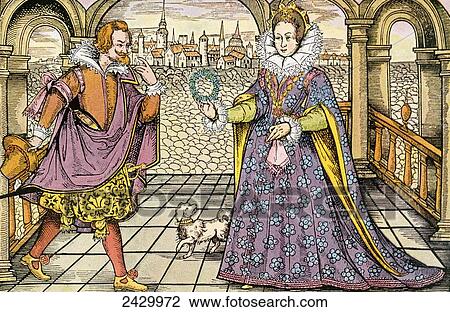 Stock Image - The Eighteen Virtues of a Young Maiden. After a 16th century woodcut on a poetical fly sheet by Hans Sachs. From Illustrierte Sittengeschichte vom Mittelalter bis zur Gegenwart by Eduard Fuchs, published 1909.. Fotosearch