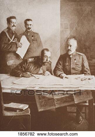 Stock Image - The Emperor Of Russia, Nicholas Ii, 1868-1918 Seated Left With The Grand Duke Nicholas, 1856-1929 At The Front.. Fotosearch