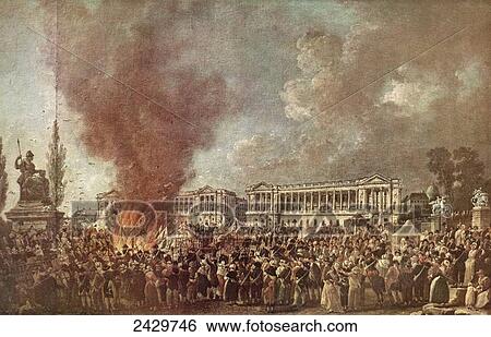 Stock Photograph - The Festival of Regeneration or Unity and Indivisibility, 10 August, 1793. The emblems of tyranny solemnly burned before the statue of liberty in Place de la Re. Fotosearch