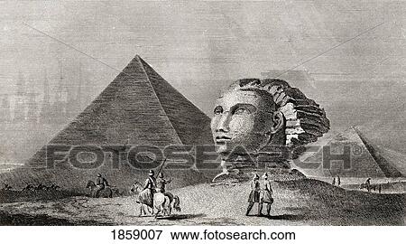 Stock Photo - The First And Second Pyramid Of Gizah, Ancient Memphis, And Head Of The Colossal Sphinx. Engraved By Scott After Clennell. From The Book The Gallery Of Nature And Art Volume Ii. Published London C. 1823.. Fotosearch