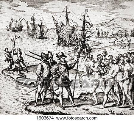 Picture - The First Landing Of Columbus On San Salvador Island, West Indies. Christopher Columbus C. 1451 To 1506. Italian Navigator, Colonizer And Explorer. From The Great Explorers Columbus And Vasco Da Gama, After A Print In De Bry's Voyages, 1601.. Fotosearch