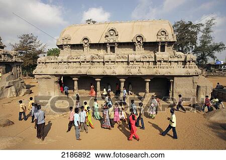 Stock Image - The Five Rathas Mahablipuram/ Mamallapuram Tamil Nadu India. Fotosearch
