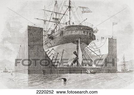 Stock Image - The Floating Dock At Cartagena, Murcia, Spain In The Mid 19Th Century. From L'univers Illustre Published 1866.. Fotosearch