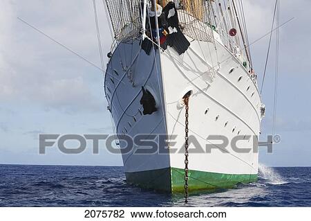 Stock Image - The Four-Mast Barquentine, Chilean Navy Training Ship Esmeralda In Hanga Roa Harbour, Rapa Nui (Easter Island), Chile. Fotosearch