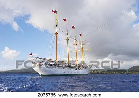 Stock Photography - The Four-Mast Barquentine, Chilean Navy Training Ship Esmeralda In Hanga Roa Harbour, Rapa Nui (Easter Island), Chile. Fotosearch