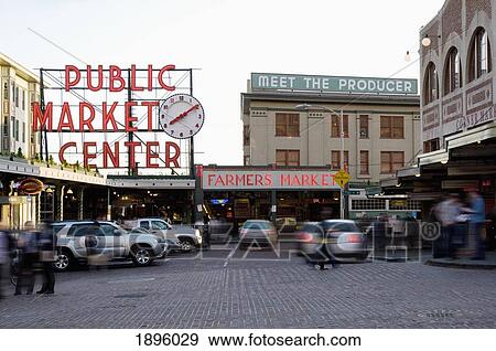 The Front Sign And Street Of Pike Place Market; Seattle, Washington, United States Of America View Large Photo Image Stock Photo - The Front Sign And Street Of Pike Place Market; Seattle, Washington, United States Of America. Fotosearch
