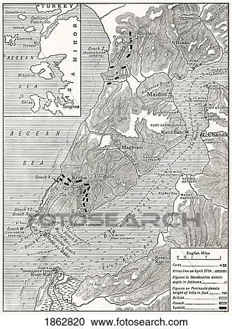 Stock Image - The Gallipoli Campaign. Map Illustrating Operations Of Allies Under Sir Ian Hamilton From The Landing On April 25 To May 30 1915. From The Great World War A History Volume Iii, Published 1916.. Fotosearch