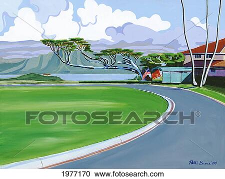 Stock Image - The Generals House, Hawaii, Landscape Of Roadway Leading To House (Acrylic Painting).. Fotosearch