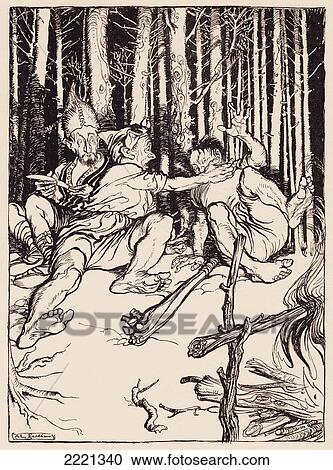 Stock Image - The Giant Gave The One Who Was Sitting Next To Him A Box On The Ear. Illustration By Arthur Rackham From Grimm's Fairy Tale, The Skillful Huntsman.. Fotosearch