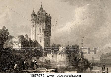 Stock Photography - The Gothic Towers Of Ellfeld, Germany. Engraved By E. I. Roberts From A 19Th Century Print By D. Roberts.. Fotosearch