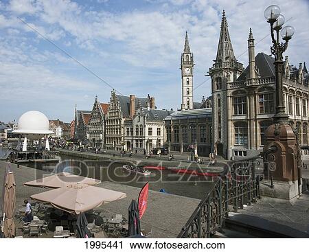 Stock Image - The Graslei One Of The Most Scenic Places In Old City Of Ghent; Ghent Oost-Vlaanderen Belgium. Fotosearch