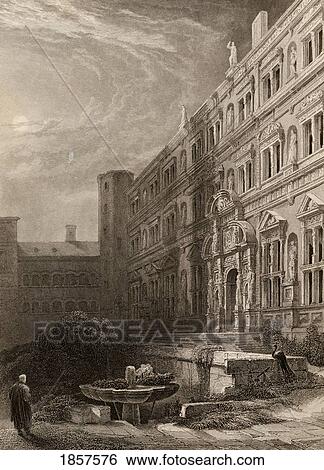 Stock Photograph - The Great Court Of Heidelberg, Germany. Engraved By H. Winkles From A 19Th Century Print By D. Roberts.. Fotosearch