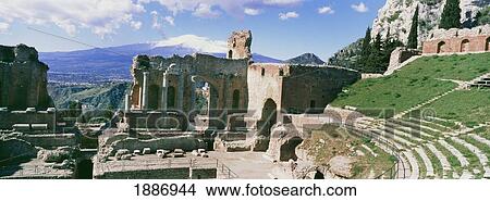 Picture - The Greek Amphitheatre, Mount Etna, And Town Of Taorimina. Fotosearch
