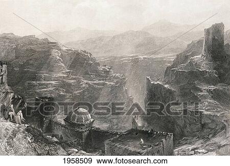 Stock Photo - The Greek Orthodox Monastery Of Santa Saba In The Wilderness Of Ziph Near Jerusalem. From An Engraving By S. Bradshaw After A Work By T. Allom, Published 1846.. Fotosearch