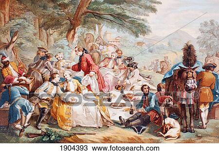 Stock Image - The Hunt Luncheon, After A Work By Carle Vanloo. In 18Th Century France The Rich And Titled Enjoy A Picnic Lunch After A Morning's Hunting. From Xviii Siecle Institutions, Usages Et Costumes, Published Paris 1875.. Fotosearch
