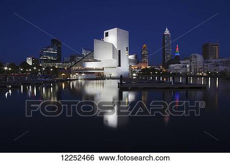 Stock Photograph - The I. M. Pei-designed Rock and Roll Hall of Fame and Museum is the centrepiece of the Cleveland, Ohio skyline; Cleveland, Ohio, United States of America. Fotosearch