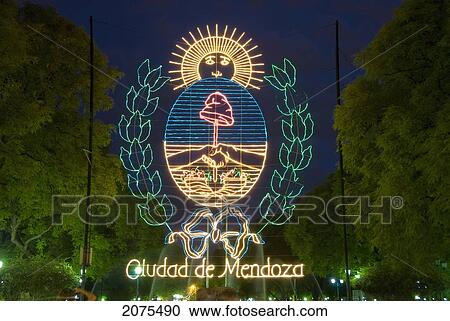 Stock Image - The Illuminated Sign Of The City; Mendoza Argentina. Fotosearch